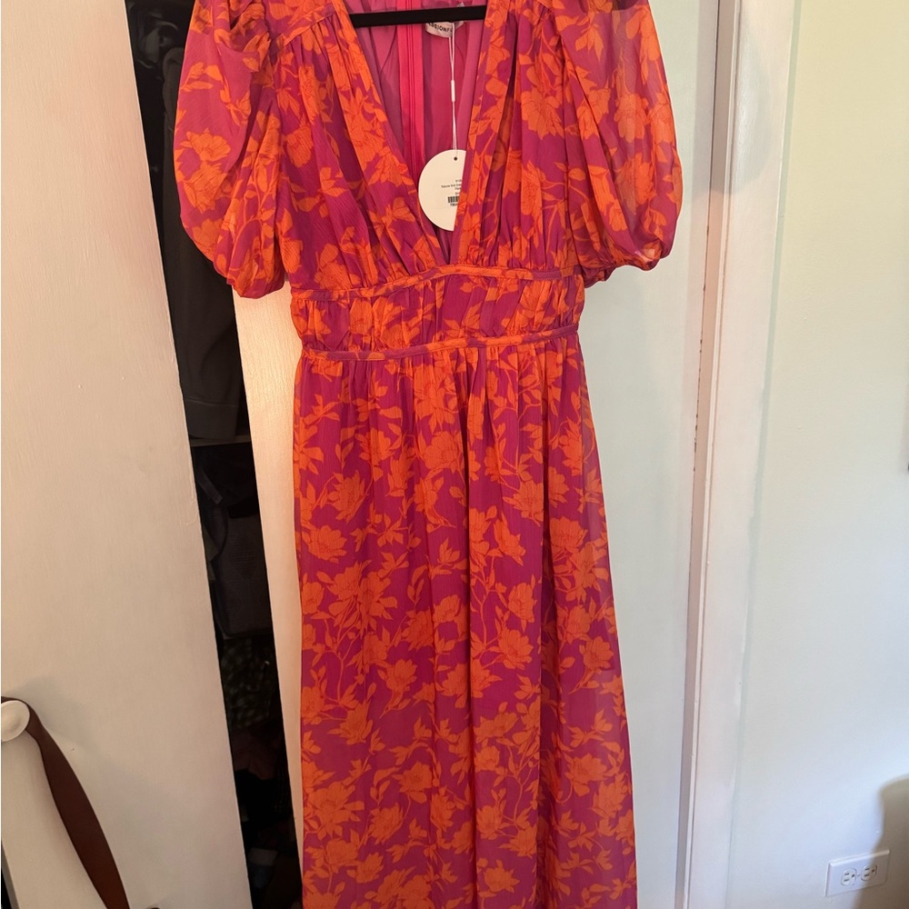 Red and Orange Puff Sleeve Maxi Sundress for Wedding Guest
